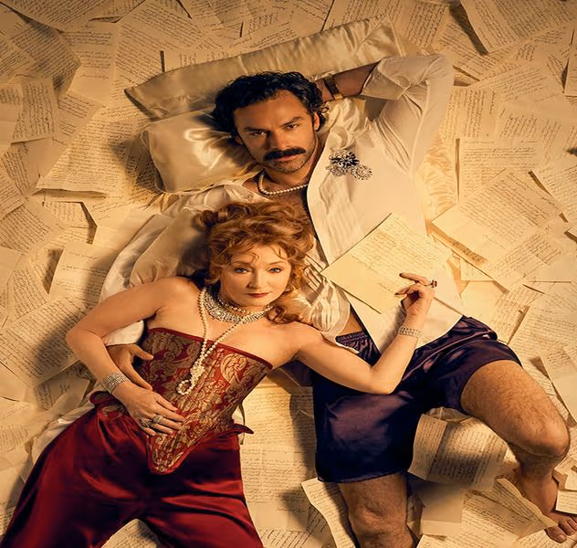Les Liaisons Dangereuses poster with actor and actress laying on paper